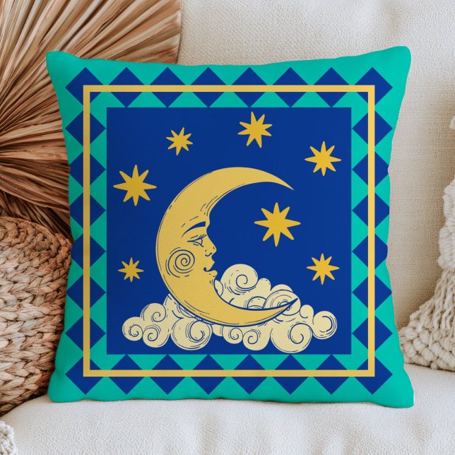 Almofada Lua Crescente Retro Rosto Místico Celestial Azul  (Criador carregado)