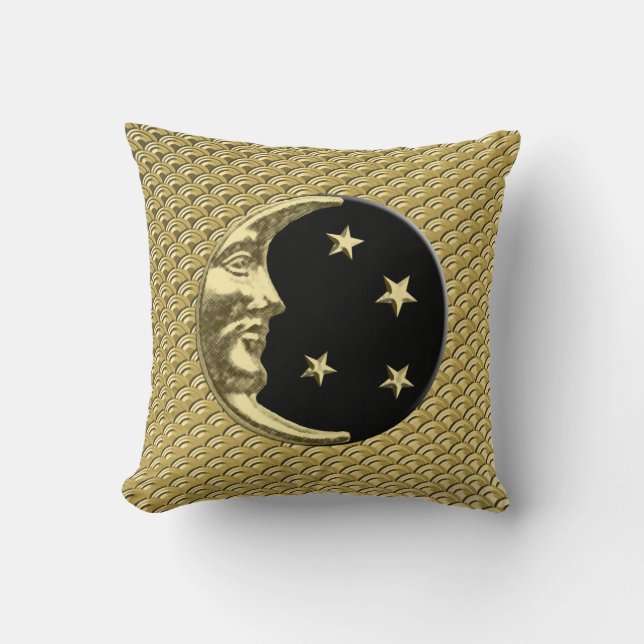 Almofada Lua e estrelas do art deco - preto e ouro (Frente)