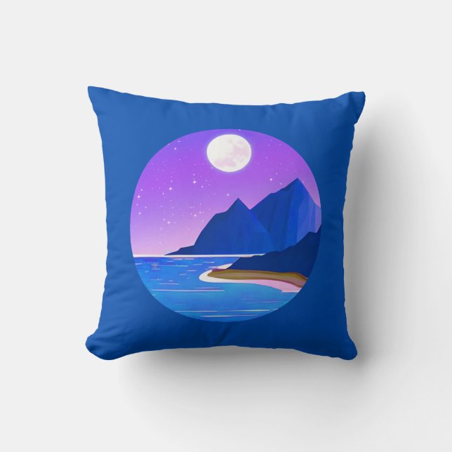 Almofada Lua, Estrelas do Mar e Montanhas em Violeta e Azul (Frente)