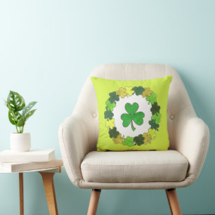 Almofada Lucky Green Irish Shamrock Clover Wreath Yellow