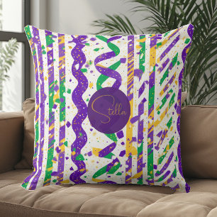 Almofada Luxe Mardi Gras Roxo Dourado Listras Verdes Confet