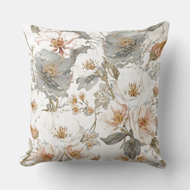 Almofada Luxo, Elegante, Padrão de Flores Cinza Dourado (Frente)