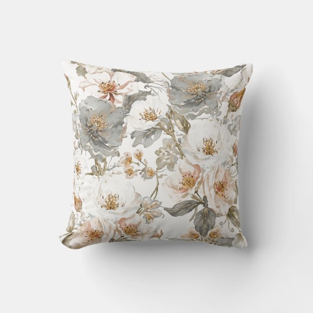 Almofada Luxo, Elegante, Padrão de Flores Cinza Dourado (Frente)