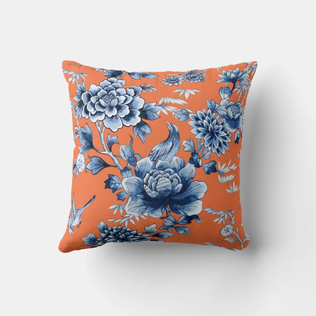 Almofada Luxo Floral Azul no Travesseiro decorativo Laranja (Verso)