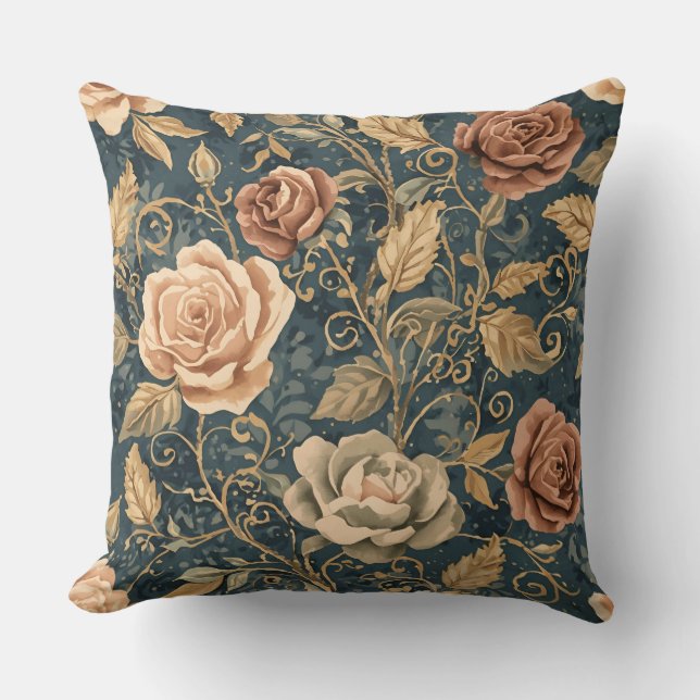 Almofada Luxo, Jardim Vintage de Rosas, fundo azul (Frente)