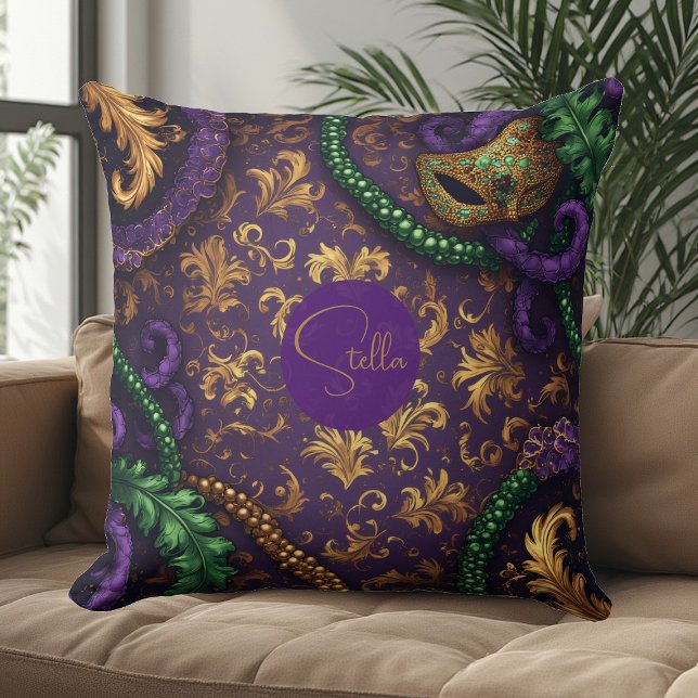 Almofada Luxuoso Colar de Contas Mardi Gras Carnaval Fleur- (Luxury Mardi Gras Carnival Gold Fleur-de-Lis Bead Throw Pillow)