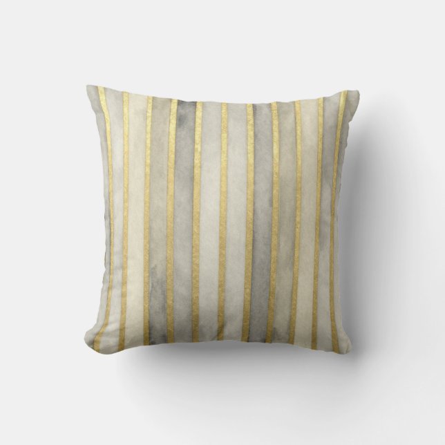 Almofada Luxuoso, Listras Cinza Bege Dourado, Elegante, Mod (Frente)