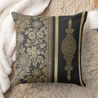 Almofada Luxuoso Mandala Floral Damasco Preto e Dourado
