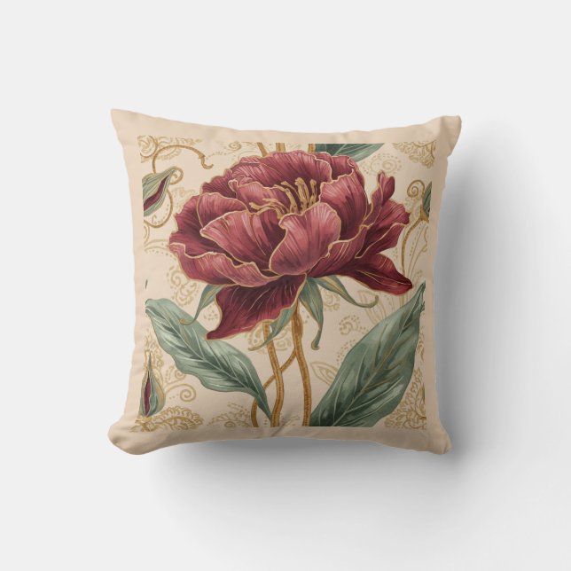Almofada Luxuoso, Marrom, Design de Flores Douradas Arte  (Frente)