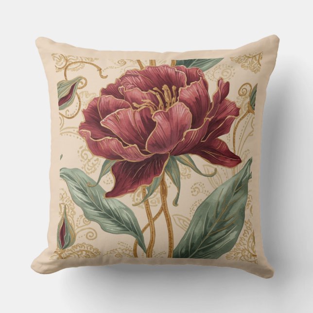 Almofada Luxuoso, Marrom, Design de Flores Douradas Arte (Frente)