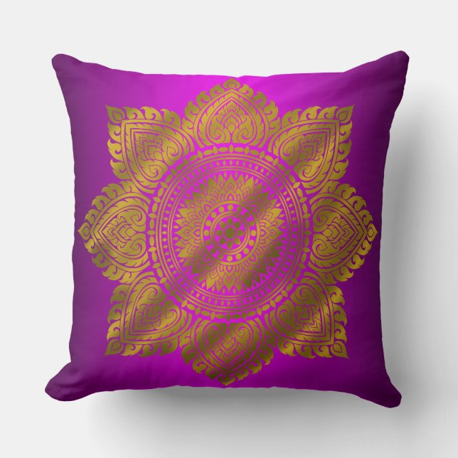 Almofada Luxuoso Travesseiro Mandala Dourado Roxo (Frente)