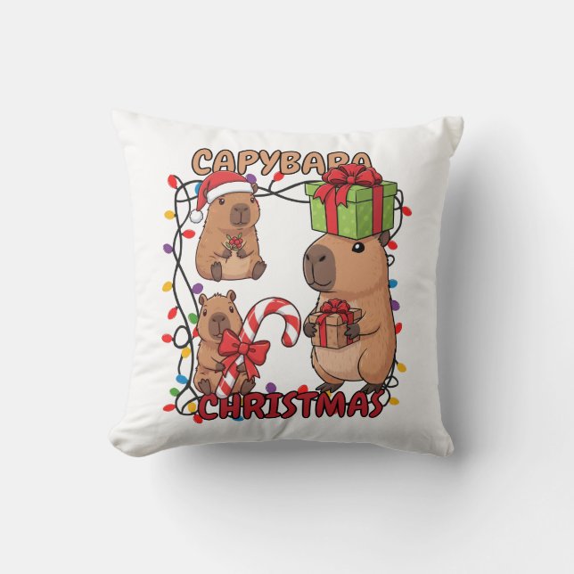 Almofada Luzes de Natal Festivas da Capivara Fofa Festa (Frente)