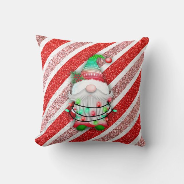Almofada Luzes de Natal Gnomo em Candy Cane Glitter (Frente)