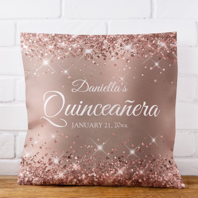 Almofada Luzidio Rosa Dourado Glam Gradiente Quinceañera 15 (Glittery Rose Gold Glam Gradient Quinceañera 15 Throw Pillow)