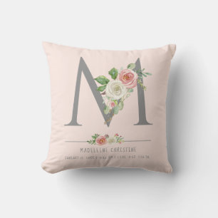 Almofada M Monograma Menina   Estatísticas de Nascimento Co