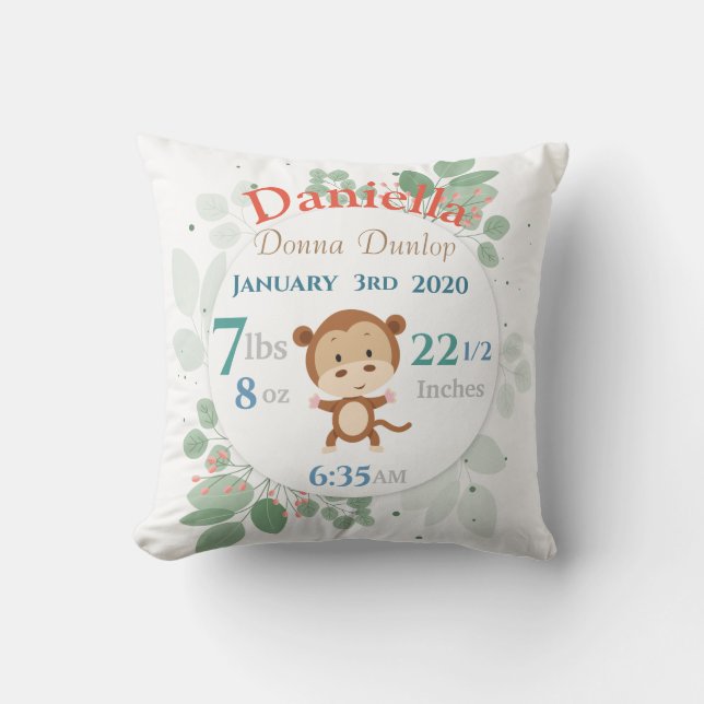 Almofada Macaco com Casas de Nascimento de Bebês de Folhas  (Frente)