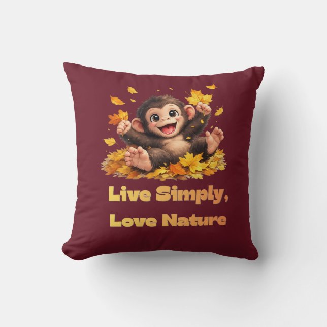 Almofada Macaco Fofo Feliz Brincando em Folhas de Outono Ca (Frente)