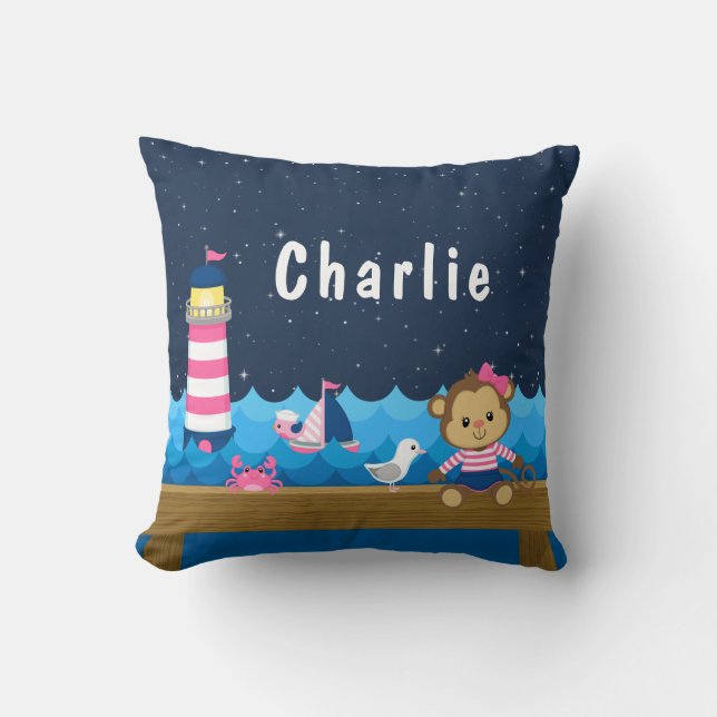 Almofada Macaco-macaco, cor-de-rosa e Marinho (Frente)