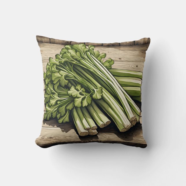 Almofada Maço de Aipo Fresco sobre Madeira (Frente)