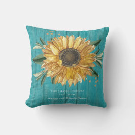 Almofada Madeira de Celeiro Azul Teal Girassol Dourado Rúst
