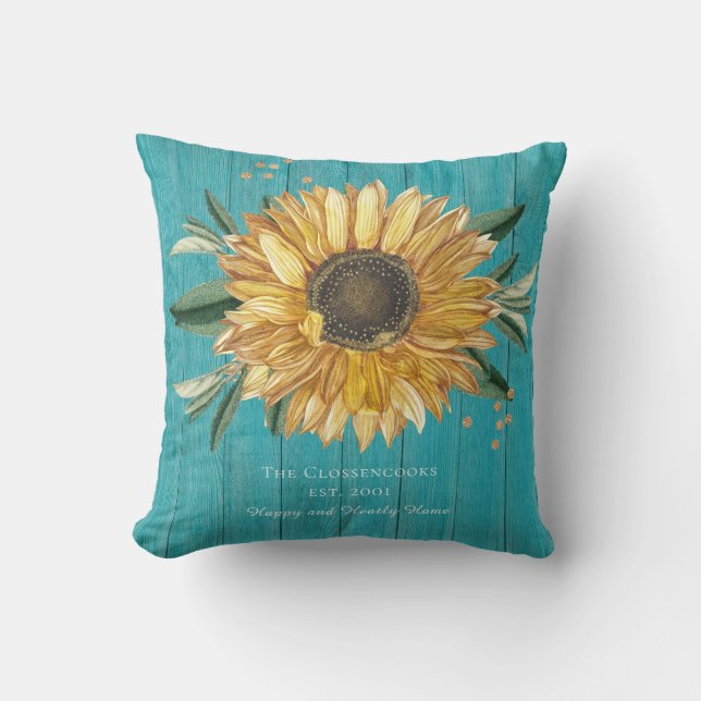 Almofada Madeira de Celeiro Azul Teal Girassol Dourado Rúst (Frente)