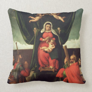 Almofada Madonna e criança Enthroned com quatro santos,