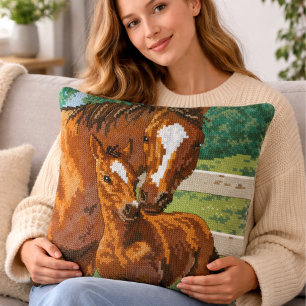 Almofada Mãe Bebê Cavalo Estilo Ponto Cruz