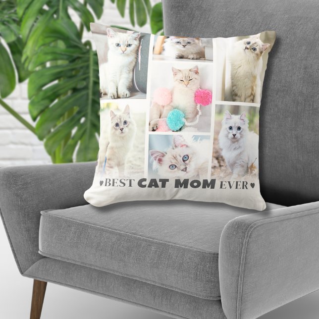 Almofada Mãe de Gato de Foto Personalizado (Personalized Photo Collage Cat Mom Throw Pillow)