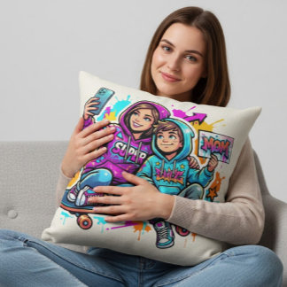 Almofada Mãe e Filho Skatistas: Travesseiro de Arte Grafite