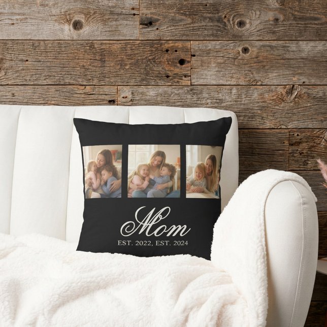Almofada Mãe Estabelecida Roteiro Elegante 3 Foto (Mom Established Black Elegant Script 3 Photo Throw Pillow)