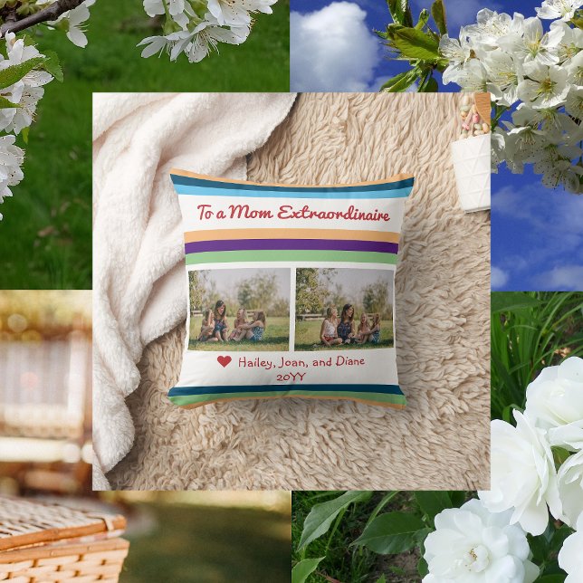 Almofada Mãe Extraordinaire 2 Fotografias Script Moderno (Modern, minimalist photo pillow for a Mom Extraordinaire)