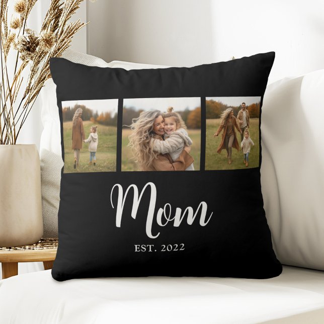Almofada Mãe Fundou Moderno Roteiro Simples Preto 3 Foto (Established Mom 3 photo white script text cushion)