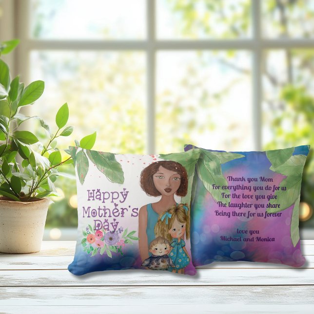 Almofada Mãe Whimsic com filhos | Dia das Mães (Whimsical Mother with kids  Mother's Day Throw Pillow)