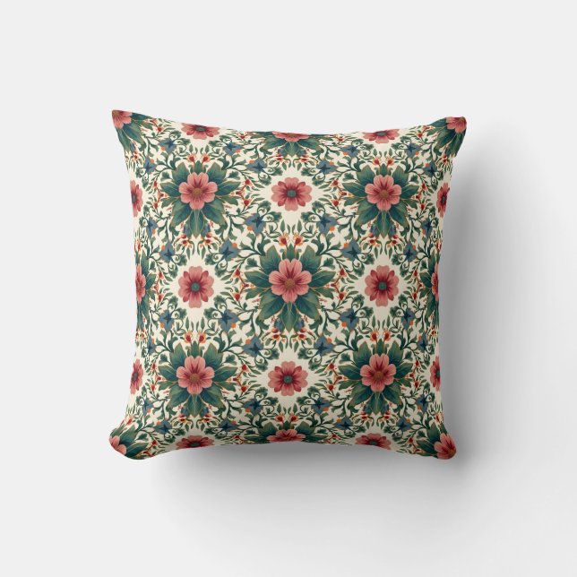 Almofada Magia das Flores Boho - em Tons de Verde e Rosa (Frente)