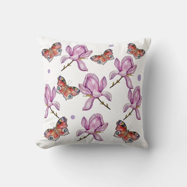 Almofada Magnolia and butterflies, watercolor pattern (Frente)