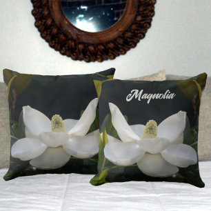 Almofada Magnolia Branca Flor Floral Botânica Escura Verde