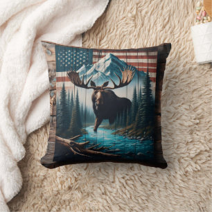 Almofada Maiestosa Moose Contra Fundo de Bandeiras American