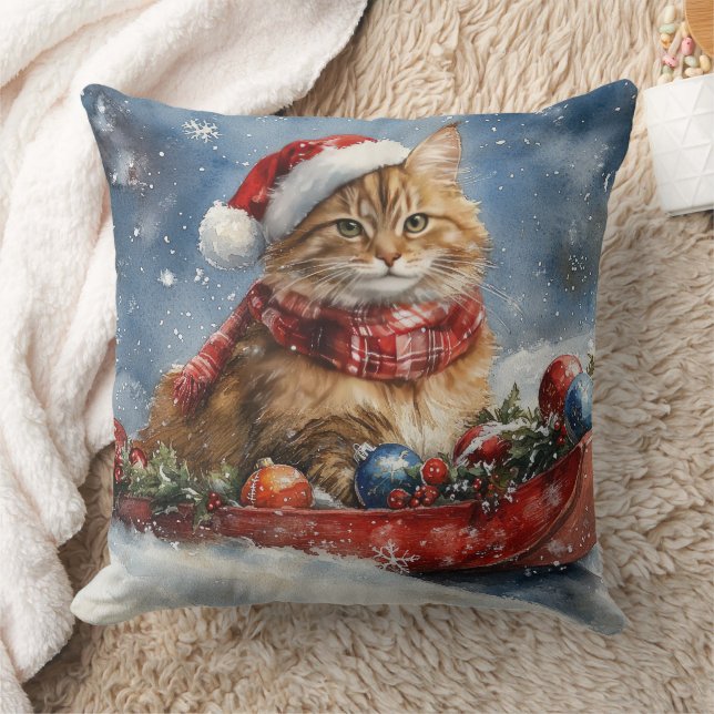 Almofada Maine Coon Cat em Sledge Deixe nevar Natal (Cobertor)