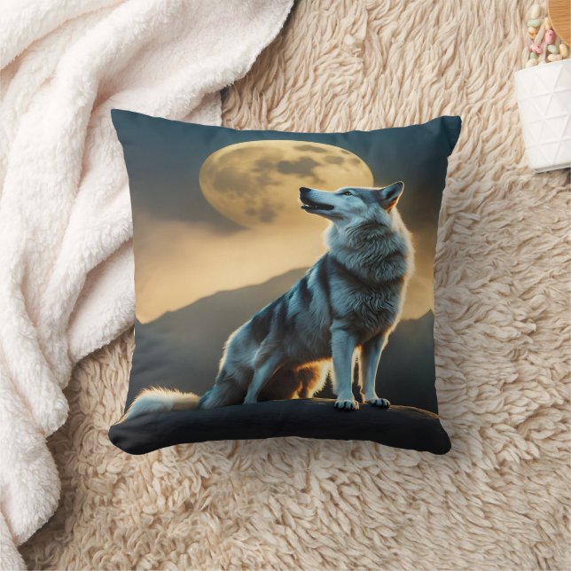 Almofada Majestoso Wolf Howling em lua cheia na naufrágio (Cobertor)
