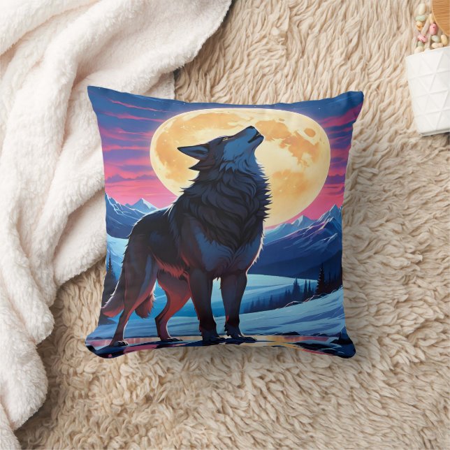 Almofada Majexpressa Wolf Howling no céu iluminado por Chei (Cobertor)