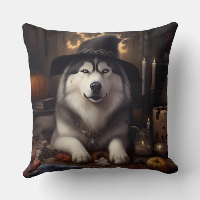 Almofada Malamute do Alasca Abóboras Dia das Bruxas Assusta (Verso)