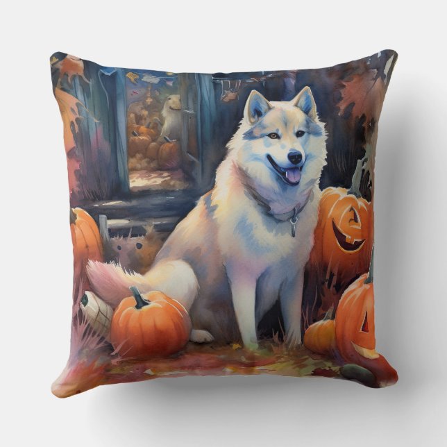 Almofada Malamute do Alasca de Halloween com Abóboras Assus (Verso)