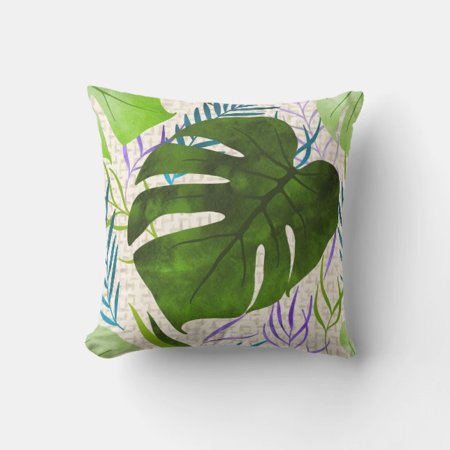 Almofada Maleah Monstera Tropical Havaiana - Verde-Aquarela (Frente)