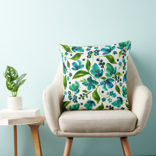 Almofada Mallorie - Azul Teal e Floral de Aquarela Verde