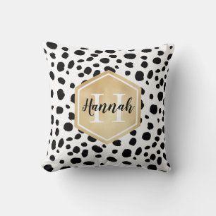 Almofada Manchas brancas pretas Padrão Monograma Dourado