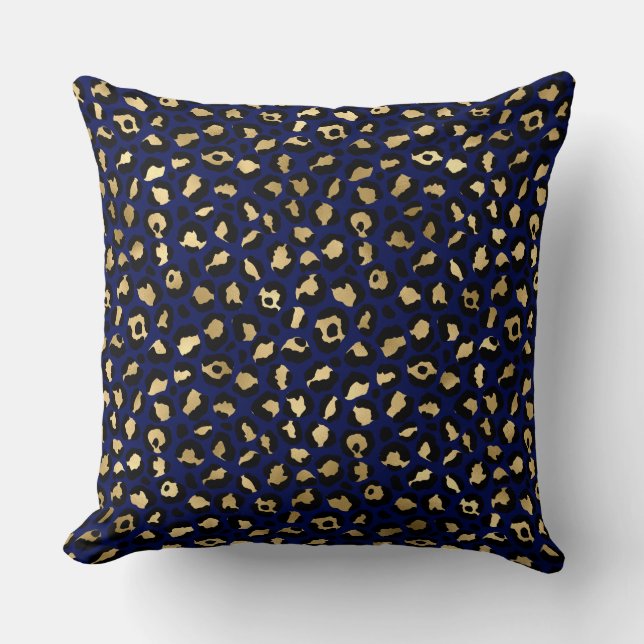 Almofada Manchas de leopardo elegantes em azul real e doura (Frente)
