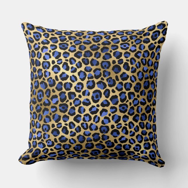 Almofada Manchas de leopardo elegantes em azul real e doura (Frente)