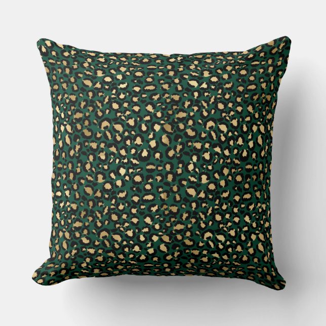 Almofada Manchas de Leopardo em Folha Dourada e Verde Escur (Frente)