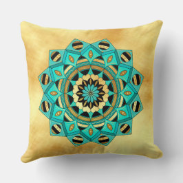 Almofada Mandala azul dourado preto em Fundo Dourado Macio