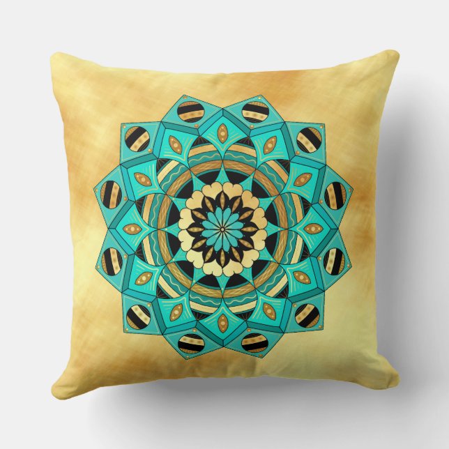 Almofada Mandala azul dourado preto em Fundo Dourado Macio (Verso)